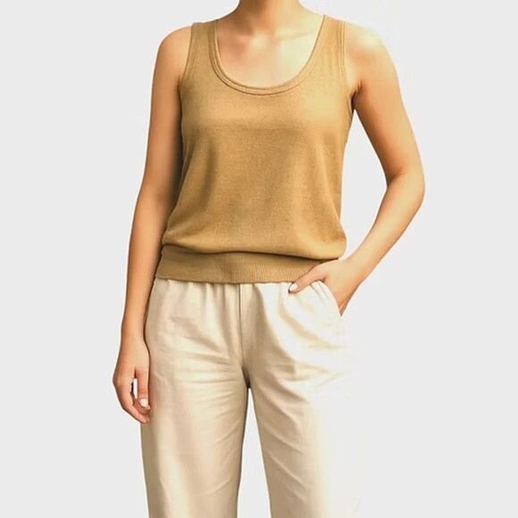 St. John Basics Top Scoop Neck Metallic Knit Tank Santana Women's Size L Gold - Picture 5 of 5